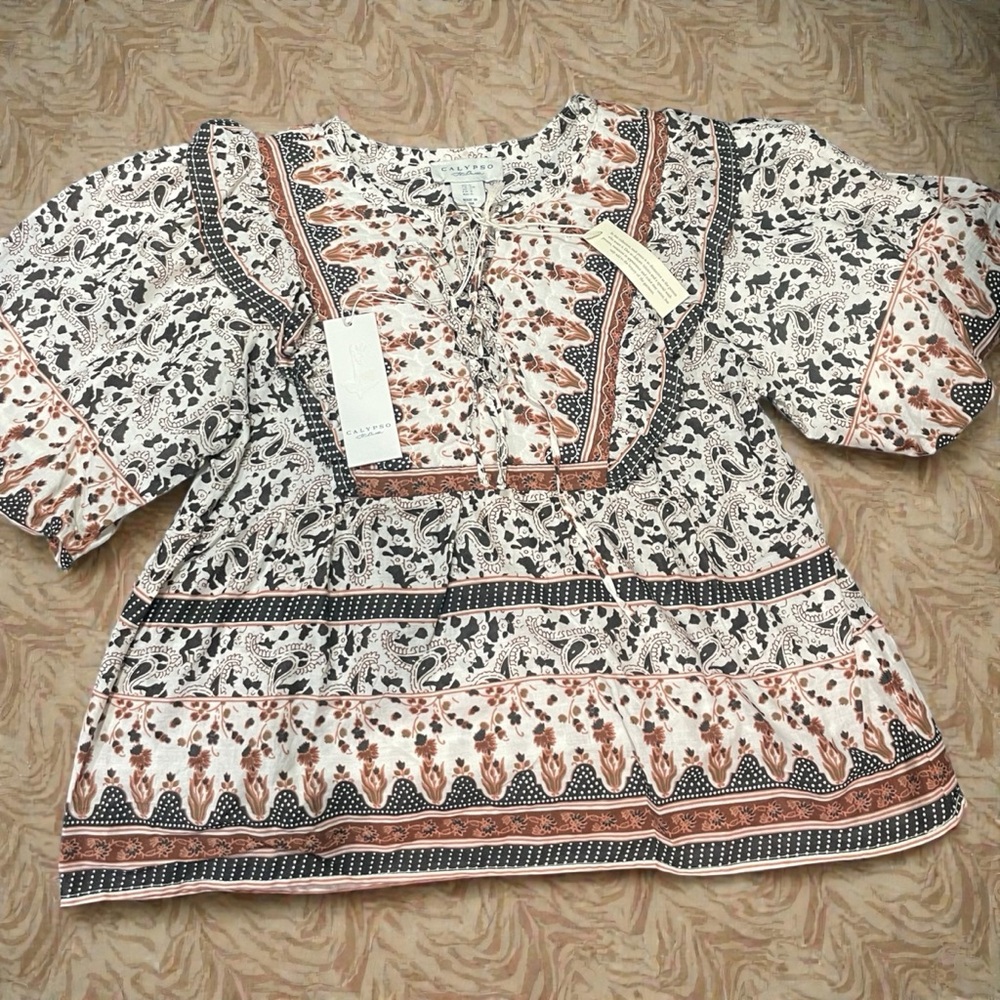 Calypso St Barth Womens Quilted Mixed Print Top Large Lace Up Puff Size S